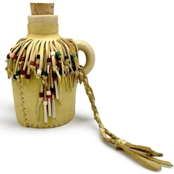 Hobbyist Suede Leather Wrapped Ceramic Jug with Beaded Fringe Braided Strap - Picture 2 of 16